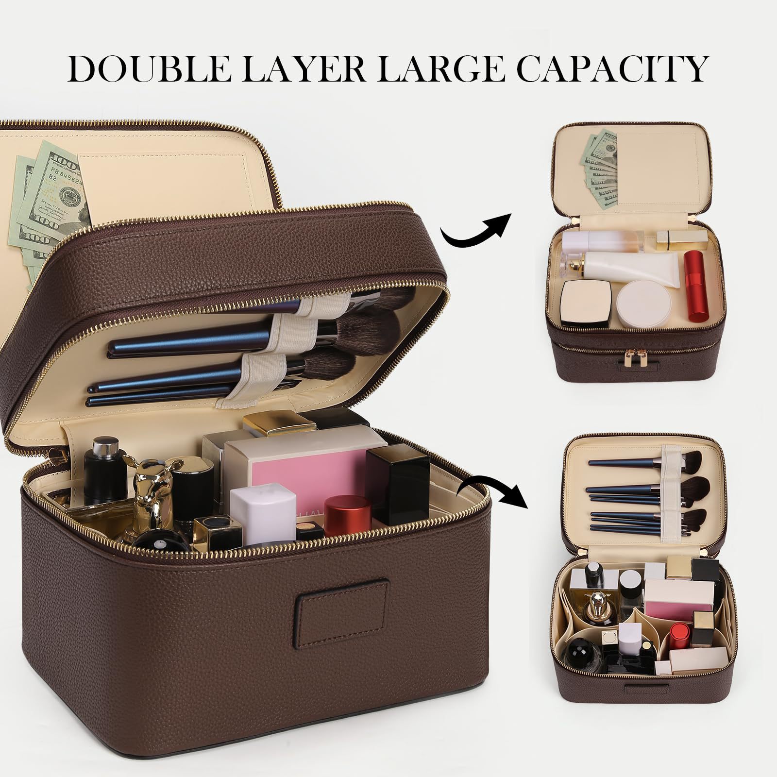 Luxury Bags Leather - Duża, dwuwarstwowa, luksusowa kosmetyczka podróżna z